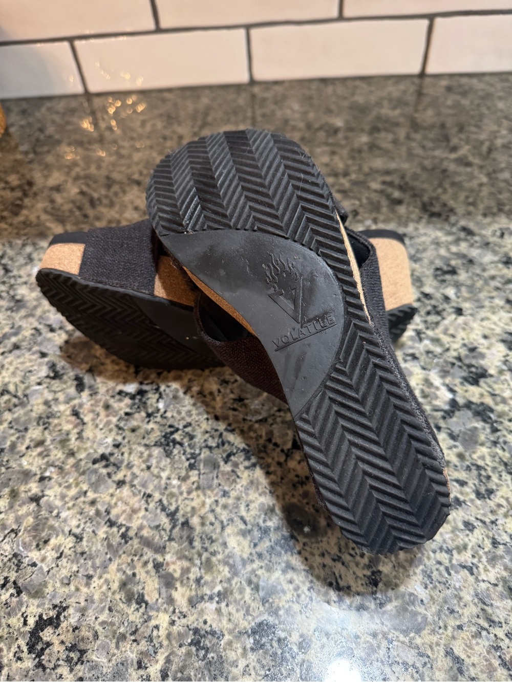 Volatile Black Fabric Cork Wedge Slide Sandals - Picture 2 of 5